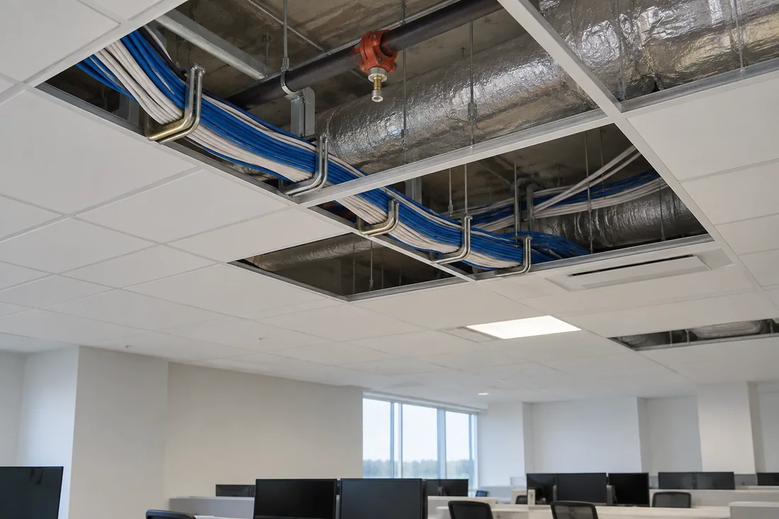Bundled data cables running in J-hooks above an open office ceiling grid before the tiles go back
