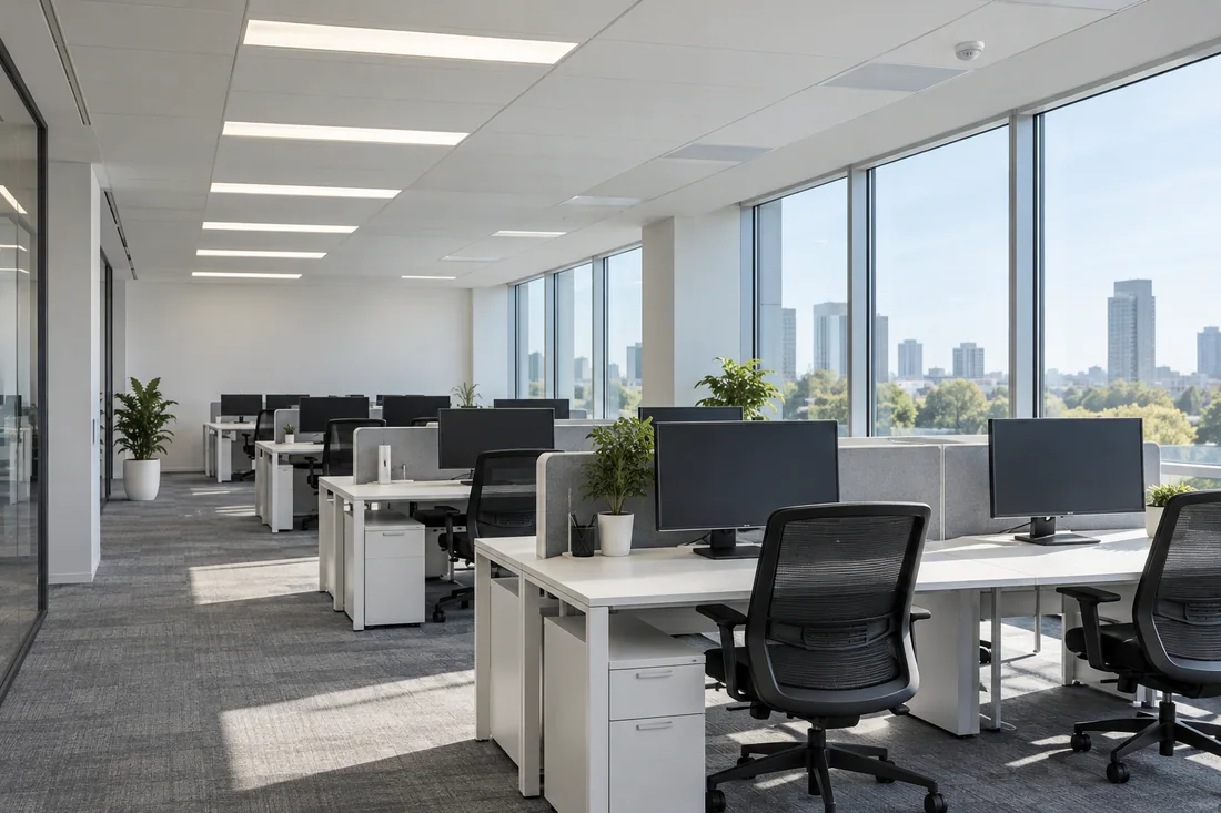 Open office where the light fixtures along the windows are dimmed while inner rows stay brighter