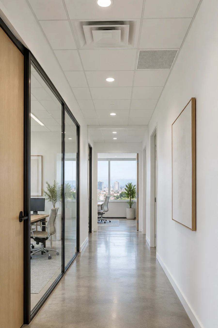 Tall view of a new office drop ceiling with acoustic tiles, a square diffuser and a return grille over a hallway