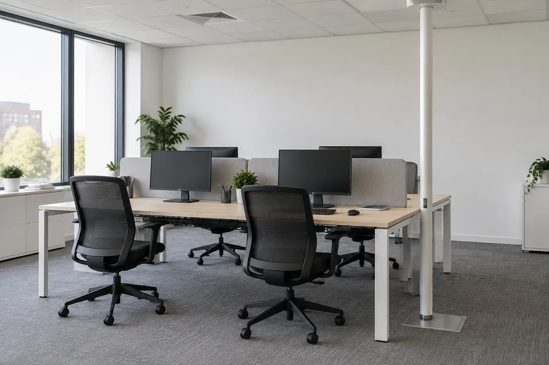 New floor box with a flush metal cover and a power pole feeding a cluster of office desks