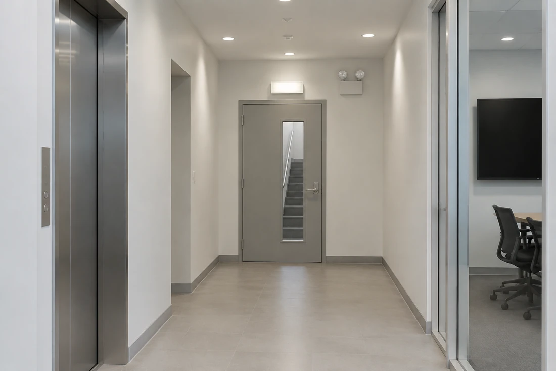 Office corridor with a blank illuminated exit fixture and a battery-backed emergency light near the door