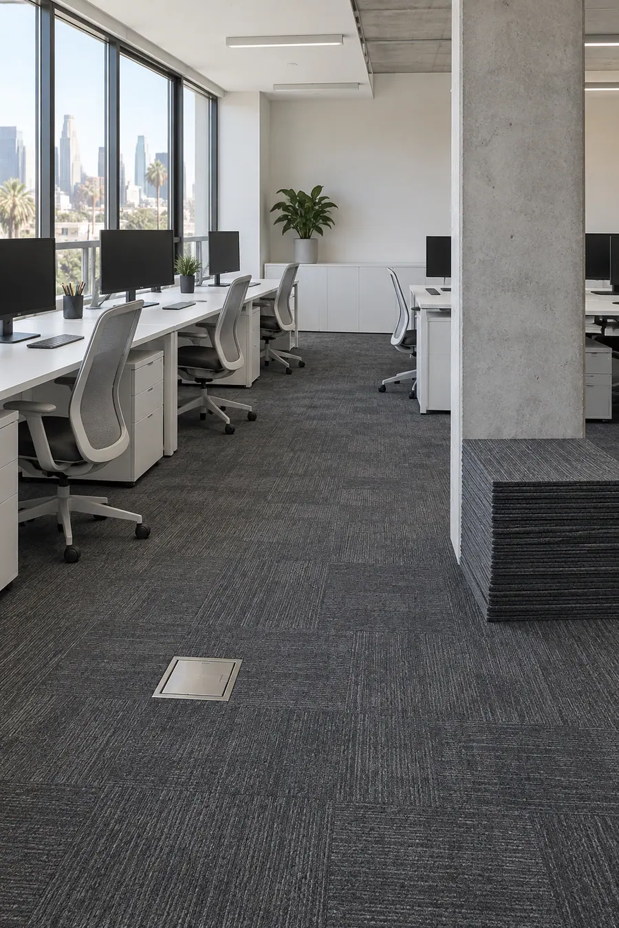 Charcoal carpet tile under rows of workstations in a Los Angeles office, with spare tiles stacked by a column