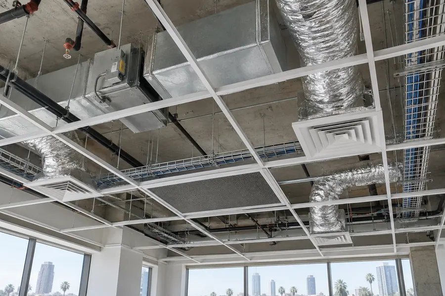 New HVAC duct, flex runs and a supply diffuser above an open office ceiling grid before the tiles close