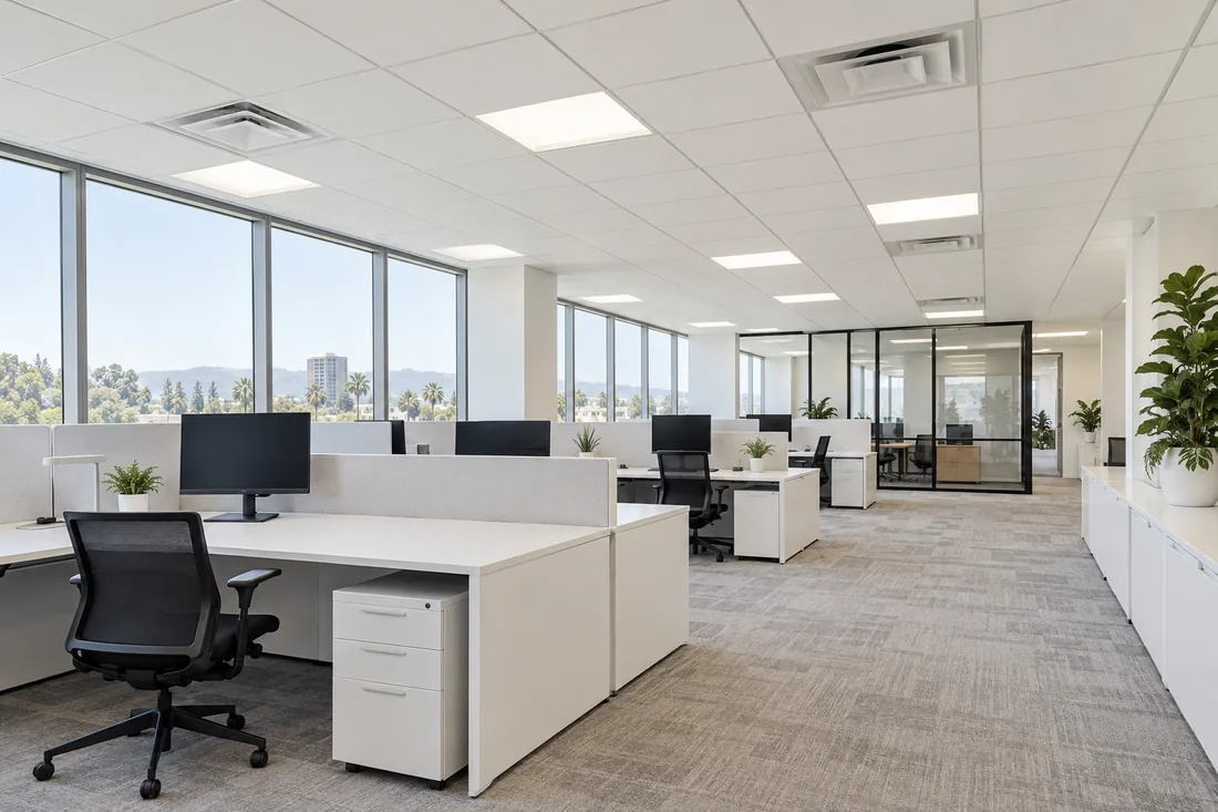 Open office with a classic lay-in grid drop ceiling of 2x2 white tiles and flush LED panels