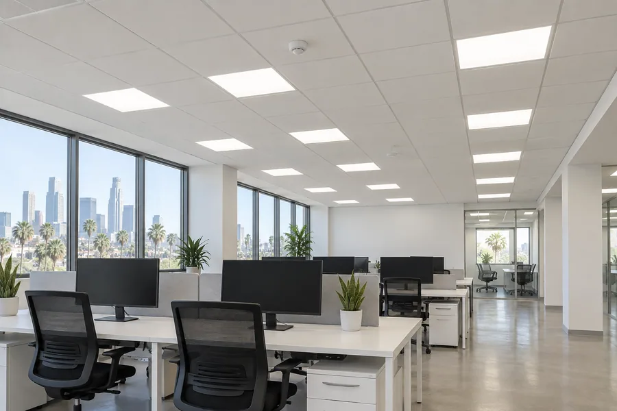 Open office with new LED ceiling panels and a small occupancy sensor in a Los Angeles suite