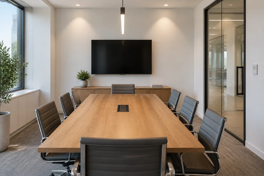 Conference room with a linear pendant over the table and recessed downlights washing a plain wall