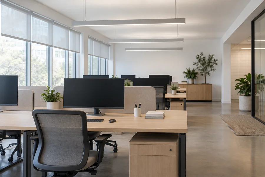 Open office lit by indirect pendants that bounce light off the ceiling, with no glare on blank monitors