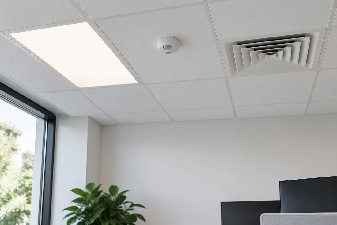 Close view of a round occupancy sensor on a white office ceiling beside a flat LED panel