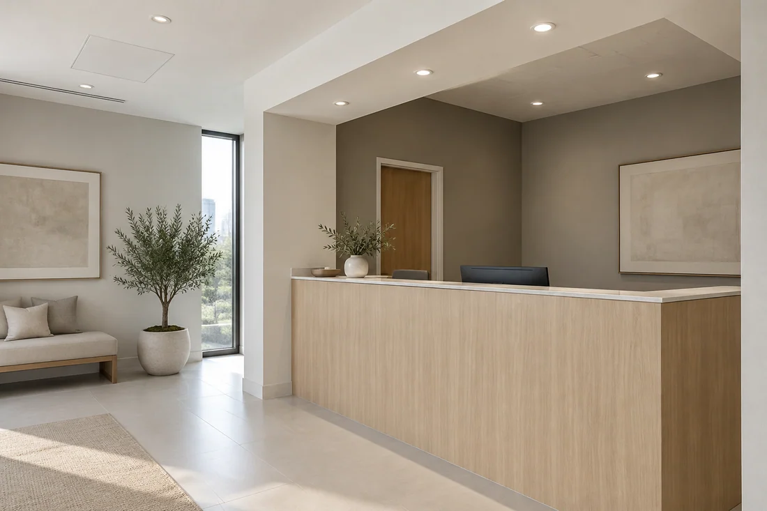 Office reception with a smooth drywall ceiling and a soffit framing the front desk