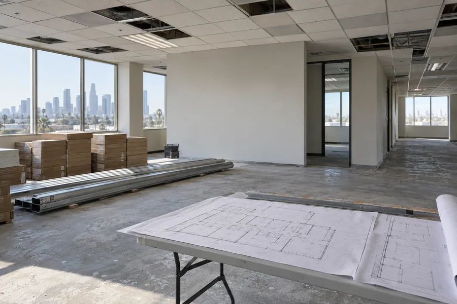 Empty office suite with materials staged and floor plans laid out for an office remodel estimate