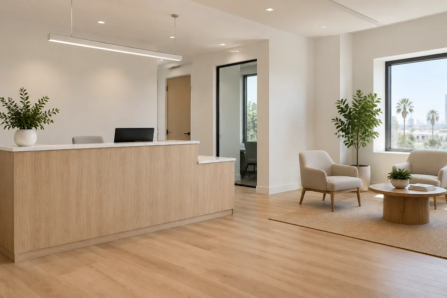 Refreshed office reception with new flooring, fresh paint and a simple oak reception desk