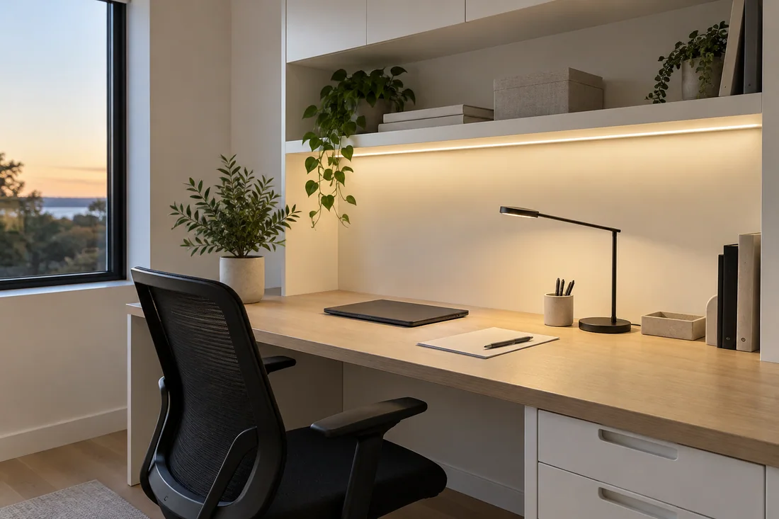 Workstation with an under-shelf LED light and a slim desk lamp lighting papers on the desk
