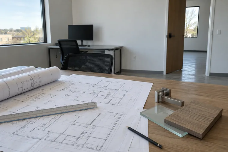 Rolled and flat permit drawing sets on a work table during plan check for an office tenant improvement