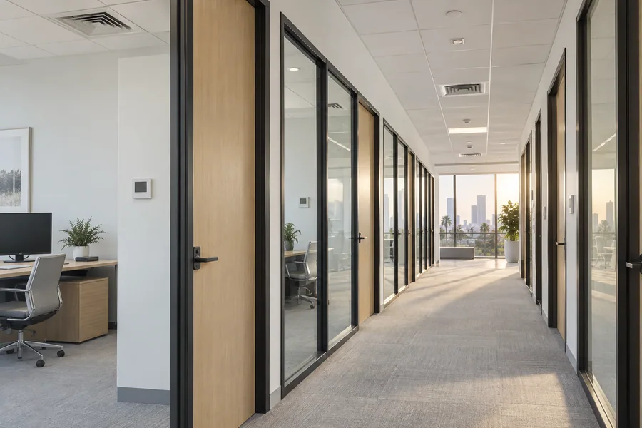 Row of private offices with glass fronts, each with its own thermostat and ceiling diffuser