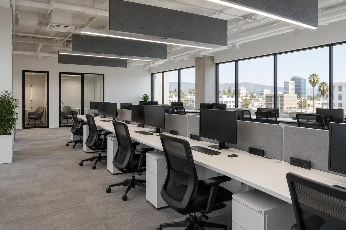Open-plan office with long workstations, acoustic ceiling panels and tall windows in Los Angeles