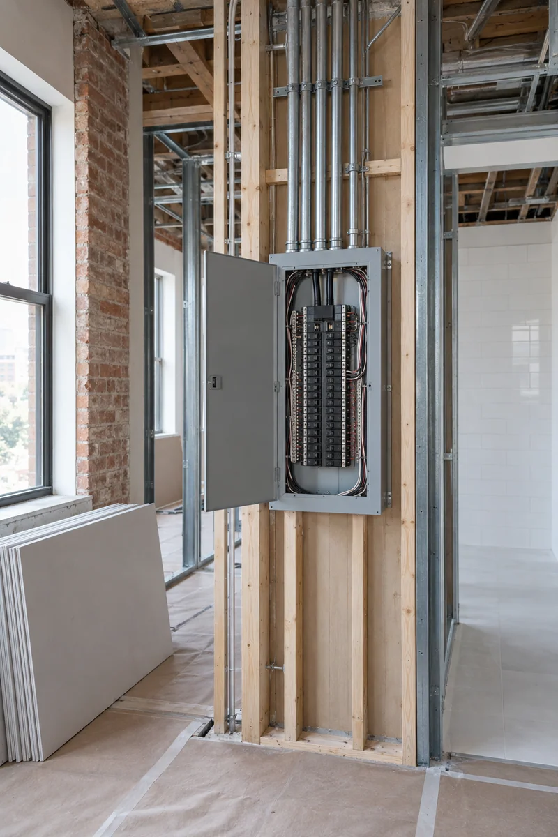 New electrical panel and conduit installed in a Pasadena office suite during a tenant build-out