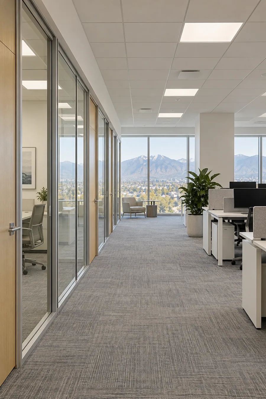 Pasadena mid-rise office suite after a remodel, with glass-front private offices and new LED lighting