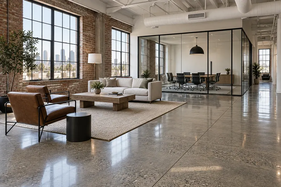 Polished concrete floor with a soft sheen in a Los Angeles brick loft office with glass meeting rooms