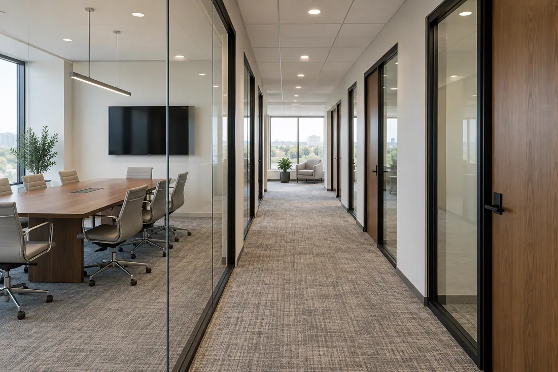 Conference room and private offices behind glass fronts along a corridor in a remodeled office