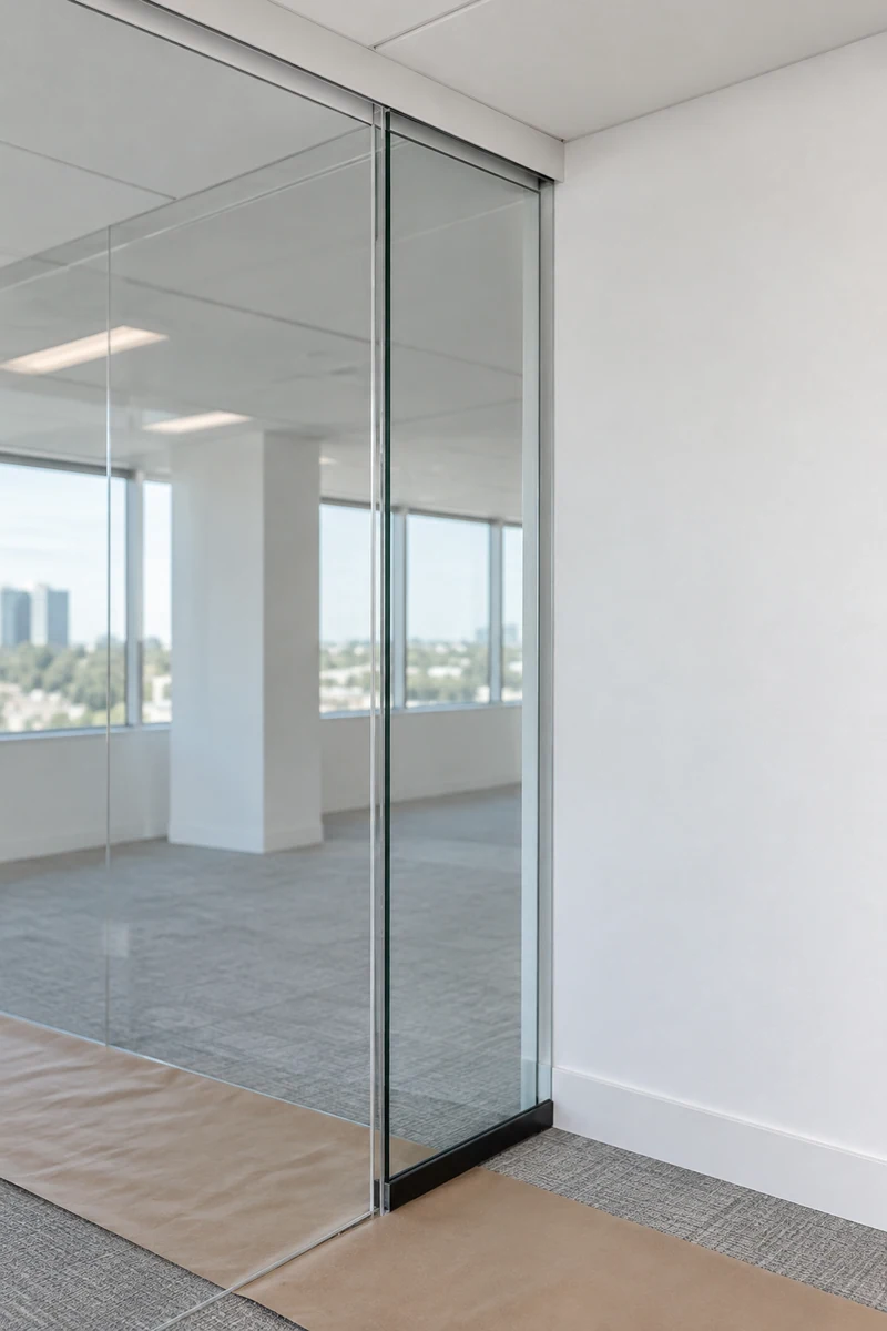 Glass office partition head track and door seal being fitted in a Santa Monica, CA office remodel