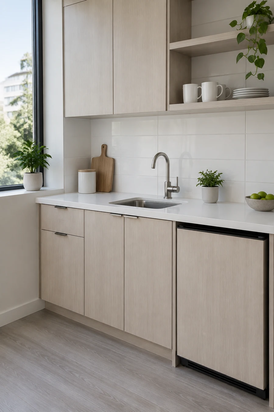 Compact office kitchenette in a remodeled Santa Monica, CA suite with white tile and pale wood storage