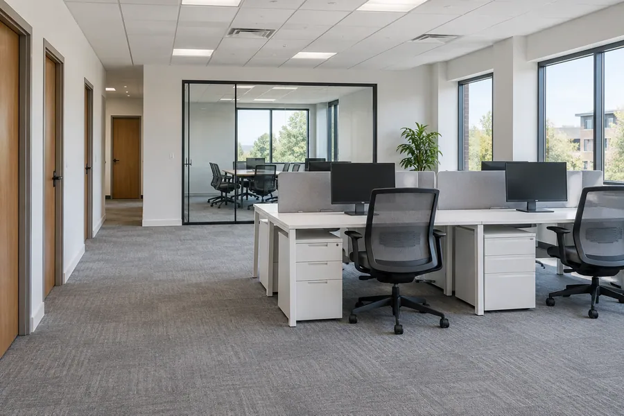 Reworked second-generation office suite where existing doors and ceiling grid were reused in a new layout
