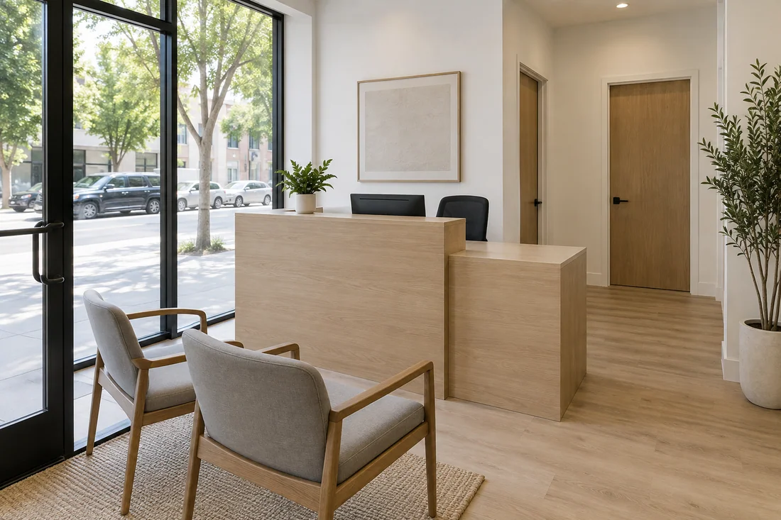 Small professional office in a ground-floor storefront with a reception counter and private office doors
