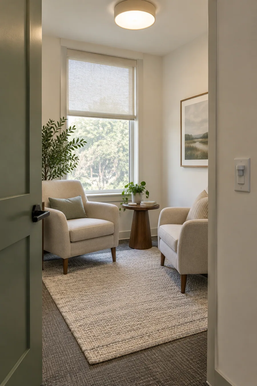 Quiet consult room in a remodeled South Pasadena office, with a solid door, soft rug and window light
