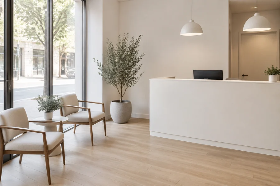 Small storefront office with a clean white reception area and plain glass frontage