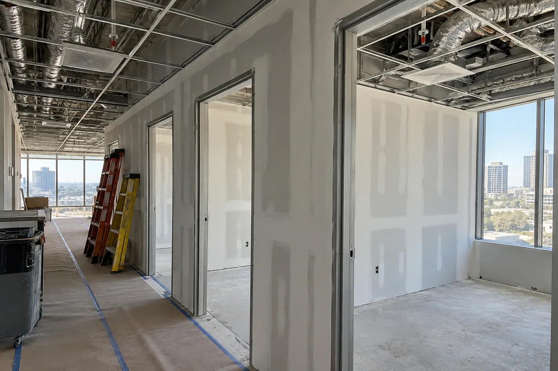 Office tenant improvement under construction, with taped drywall offices and an open ceiling grid