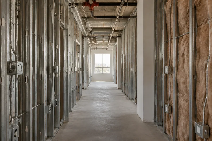 Office framing with new conduit and boxes, ready for a permit inspection during a tenant improvement