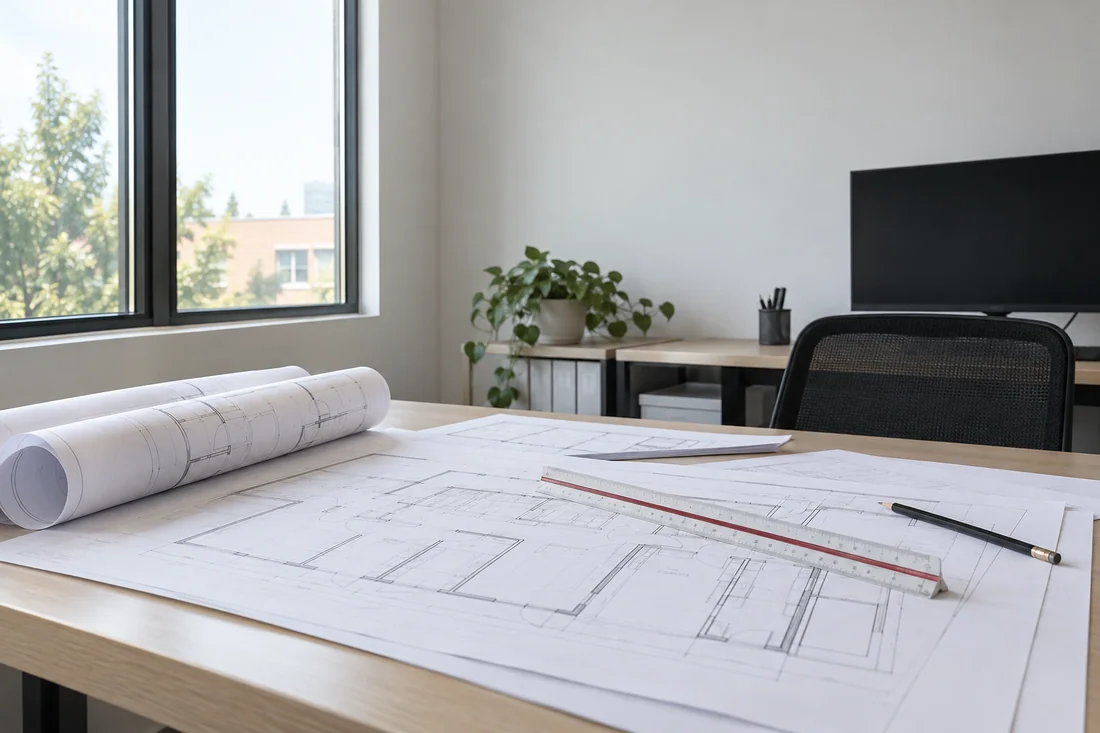 Rolled construction drawing set and a scale ruler on a desk in a commercial office before plan check