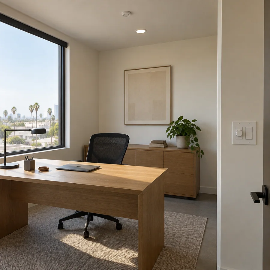 Private office with a ceiling occupancy sensor and a wall dimmer, lit by daylight and soft LED light