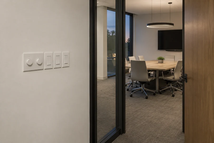 Row of plain wall dimmers and switches by a conference room door with soft LED light inside