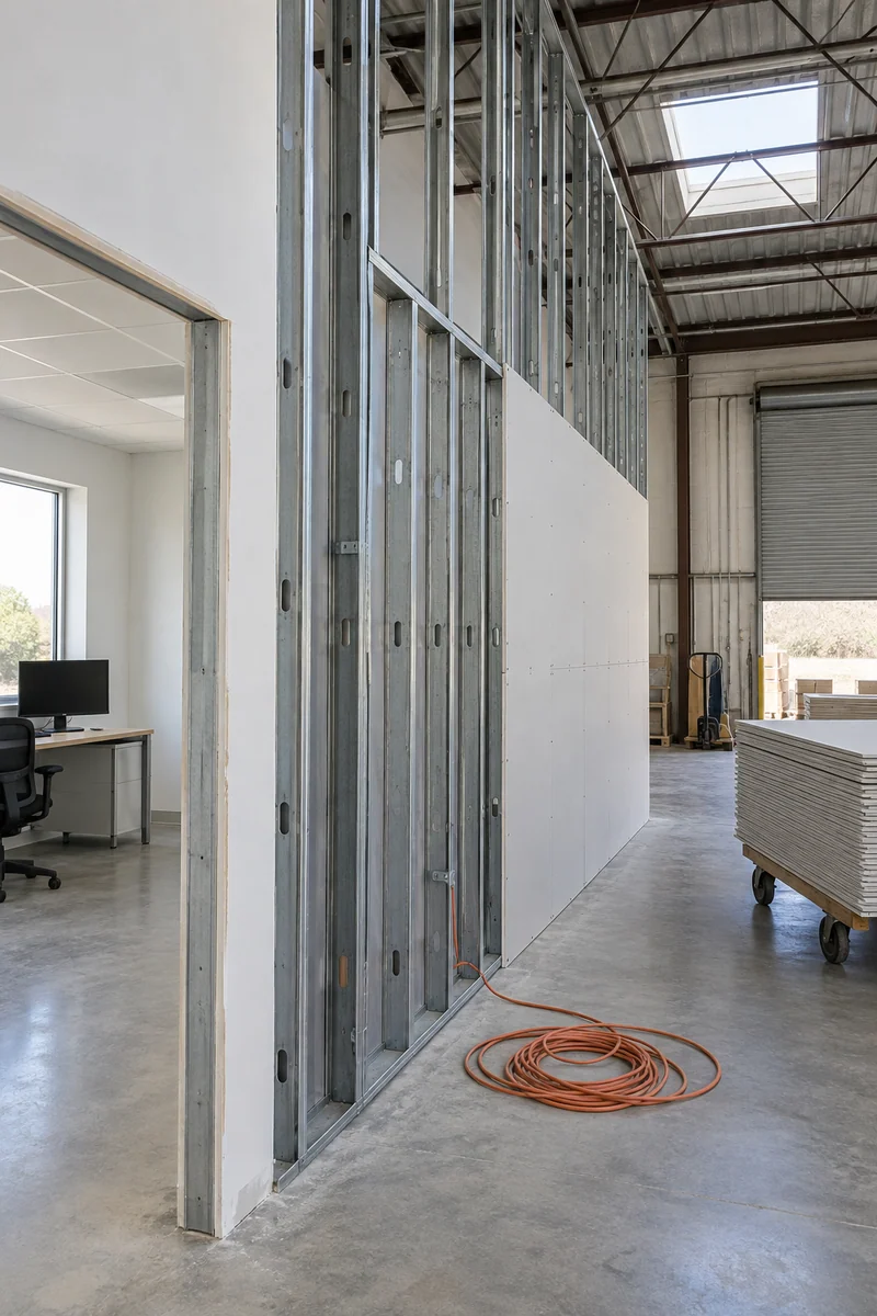 Steel stud demising wall in framing between office and warehouse in a Torrance flex suite build-out