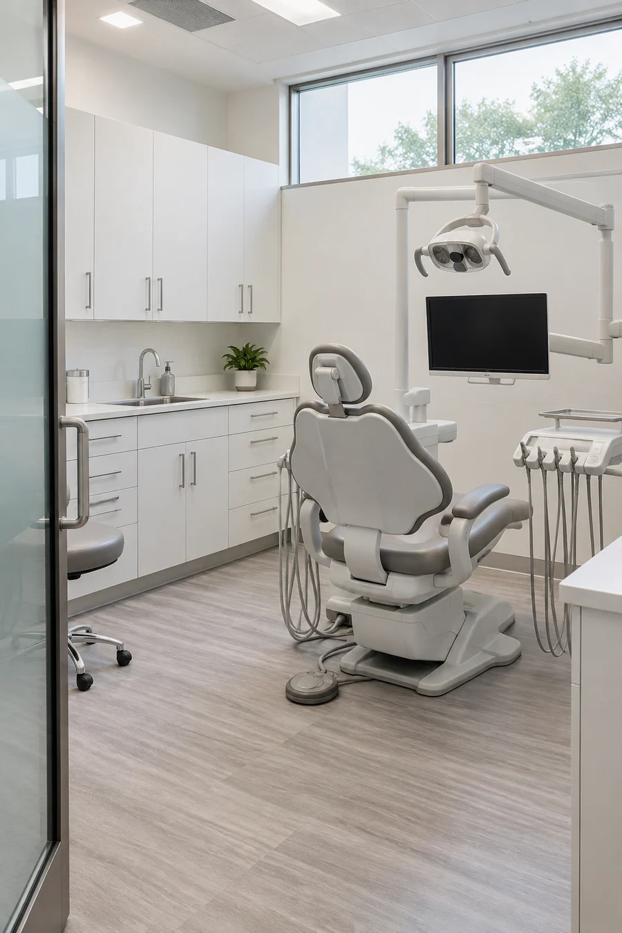 Finished Torrance storefront dental suite with a bright treatment room and glass-front hallway
