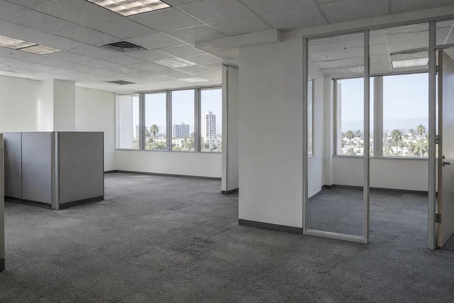 Vacant second-generation office suite with old carpet and a ceiling grid, before a tenant build-out