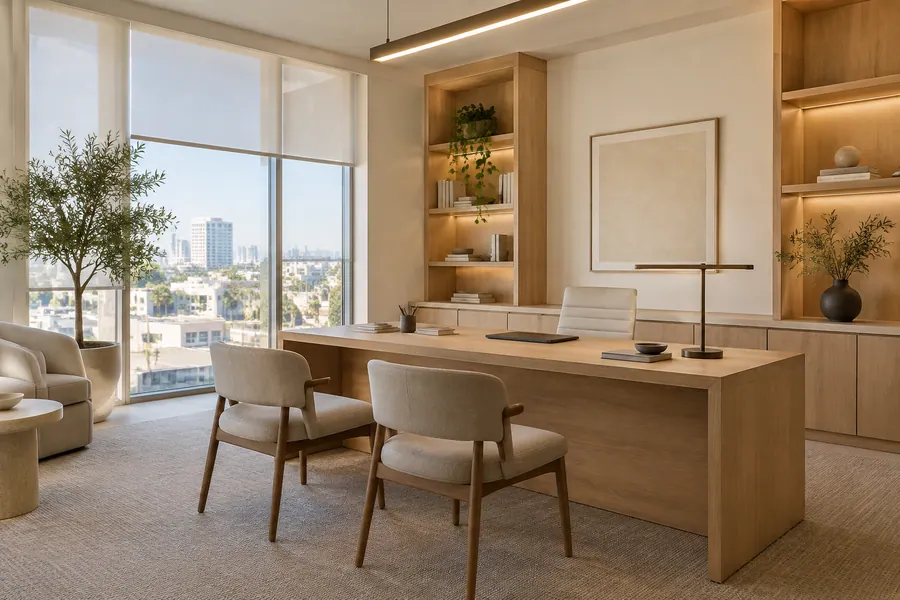 Warm minimal office suite with white oak millwork, plaster walls and soft daylight