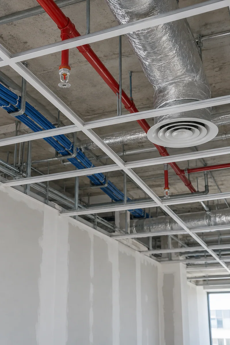Open ceiling grid with new sprinkler pipe and ductwork during a West Hollywood office build-out