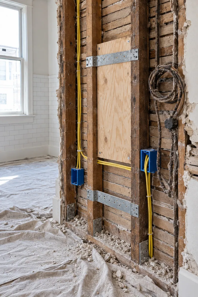 Opened plaster wall in a Whittier, CA office showing old wood framing, new bracing and new wiring