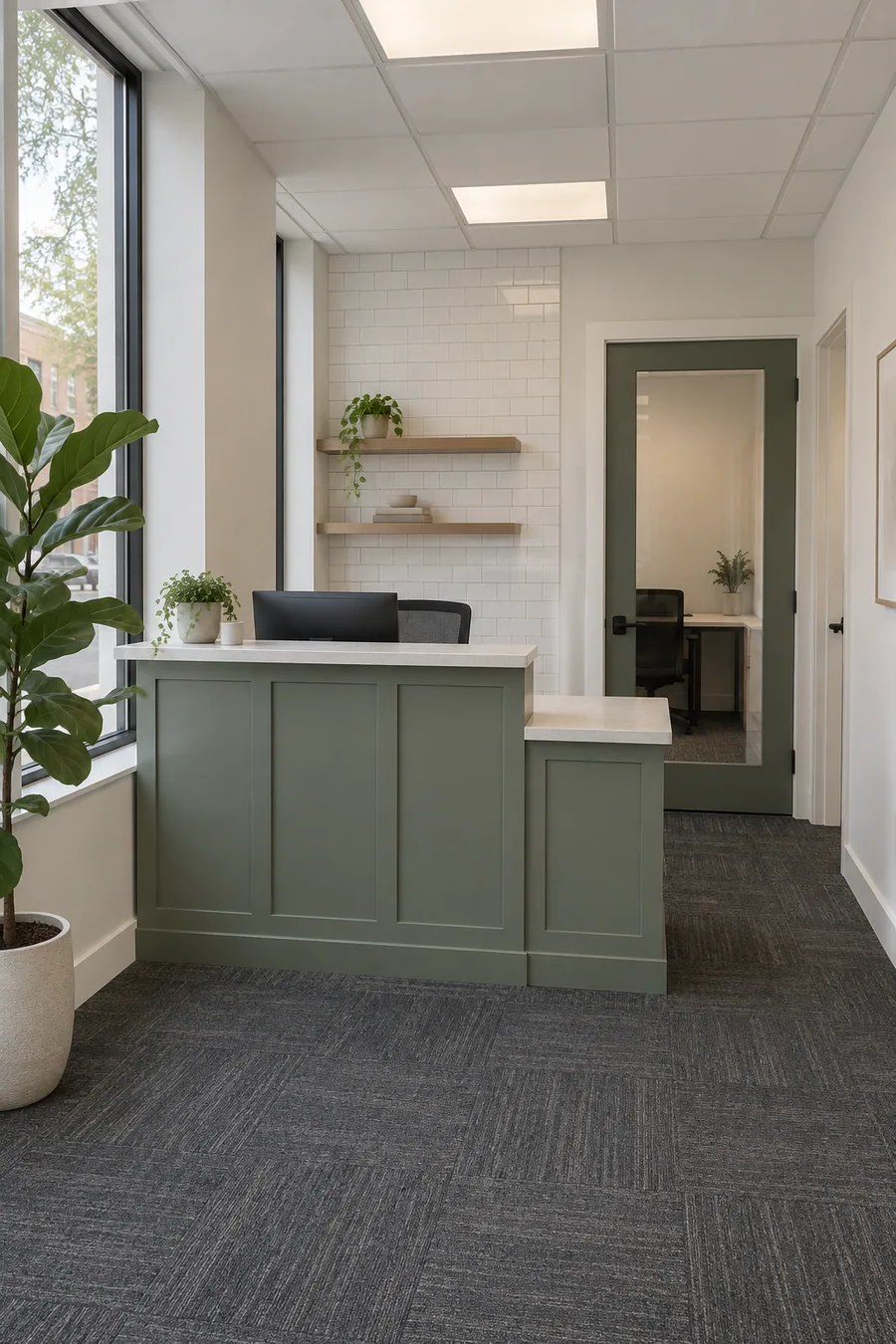 Remodeled storefront office in Whittier, CA with a reception counter, private office and carpet tile
