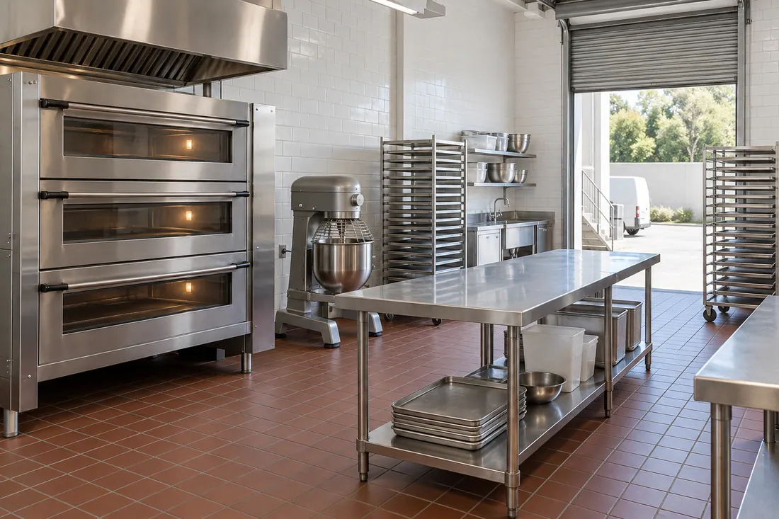 Bakery and commissary kitchen with a deck oven, a stainless mixer and long prep tables