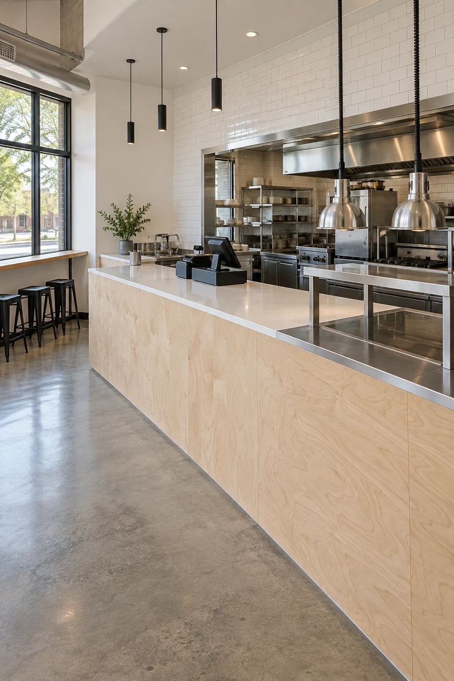 New fast-casual order counter and pickup shelf in a remodeled Burbank restaurant, ready for lunch service