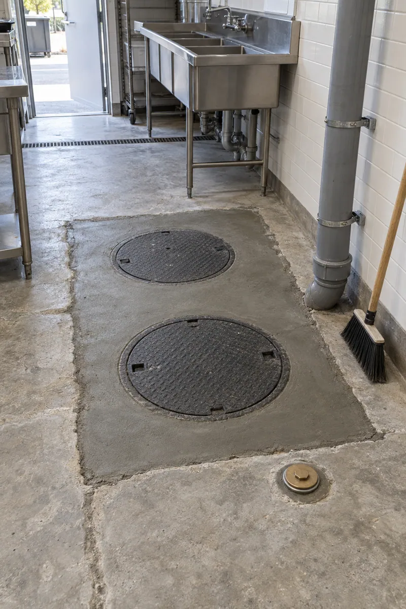 Grease interceptor access lids set in a new concrete slab patch at the back of a Burbank restaurant kitchen