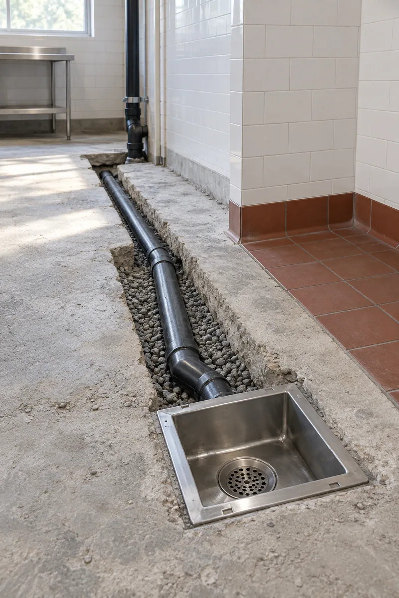 Saw-cut concrete slab with a new floor sink and drain pipe in a Commerce, CA restaurant kitchen under construction