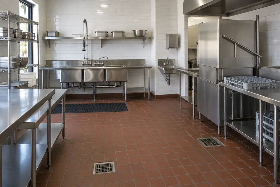 Newly built commercial kitchen prep and dish area with stainless tables, sinks and white tile walls