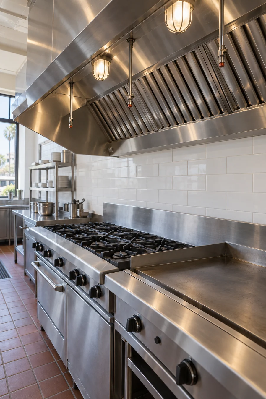 Close view of a stainless commercial kitchen exhaust hood with baffle filters above a gas range and griddle