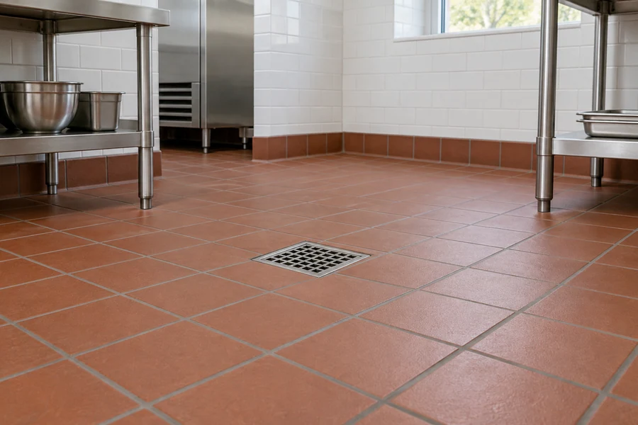 Quarry tile commercial kitchen floor with coved base sloping to a square floor drain