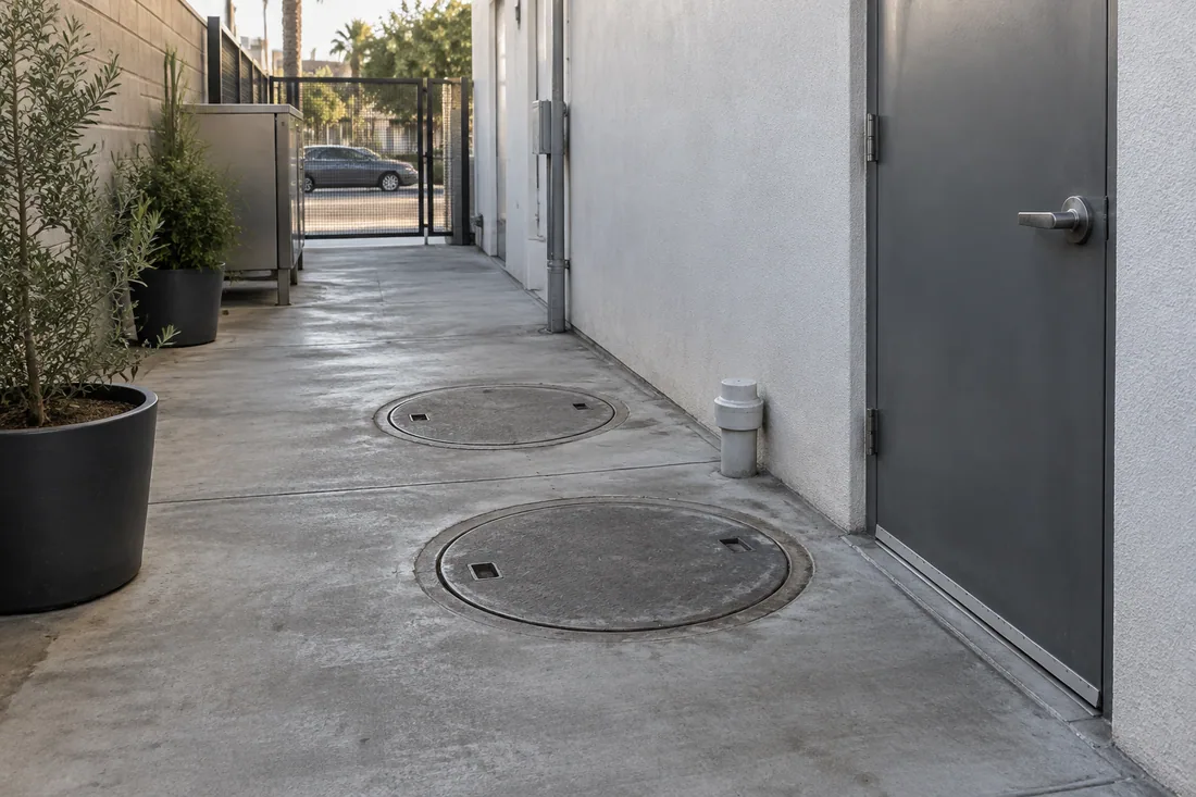 Grease interceptor lids in a narrow side yard beside a restaurant, with open space for a pump truck hose