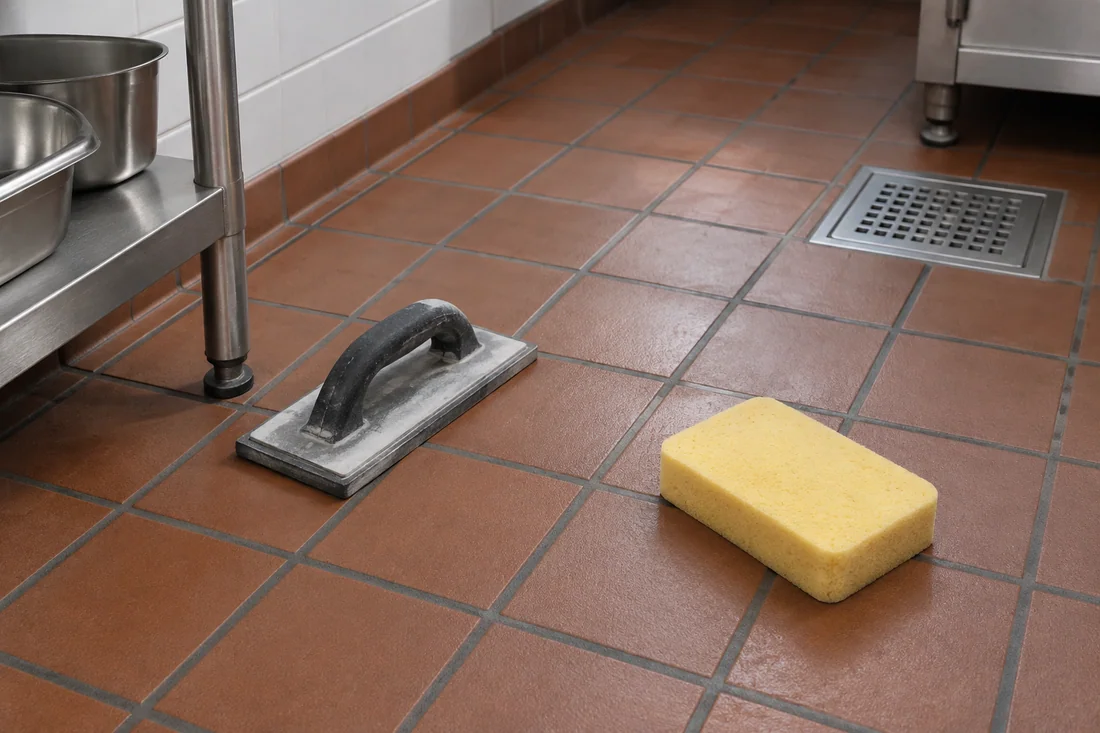 Close view of red-brown quarry tiles with smooth dark epoxy grout joints in a commercial kitchen